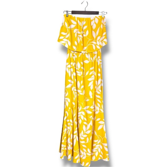 Tyche Bright Yellow with White Leaf Pattern Cinched Waist Strapless Maxi Dress - Picture 14 of 16
